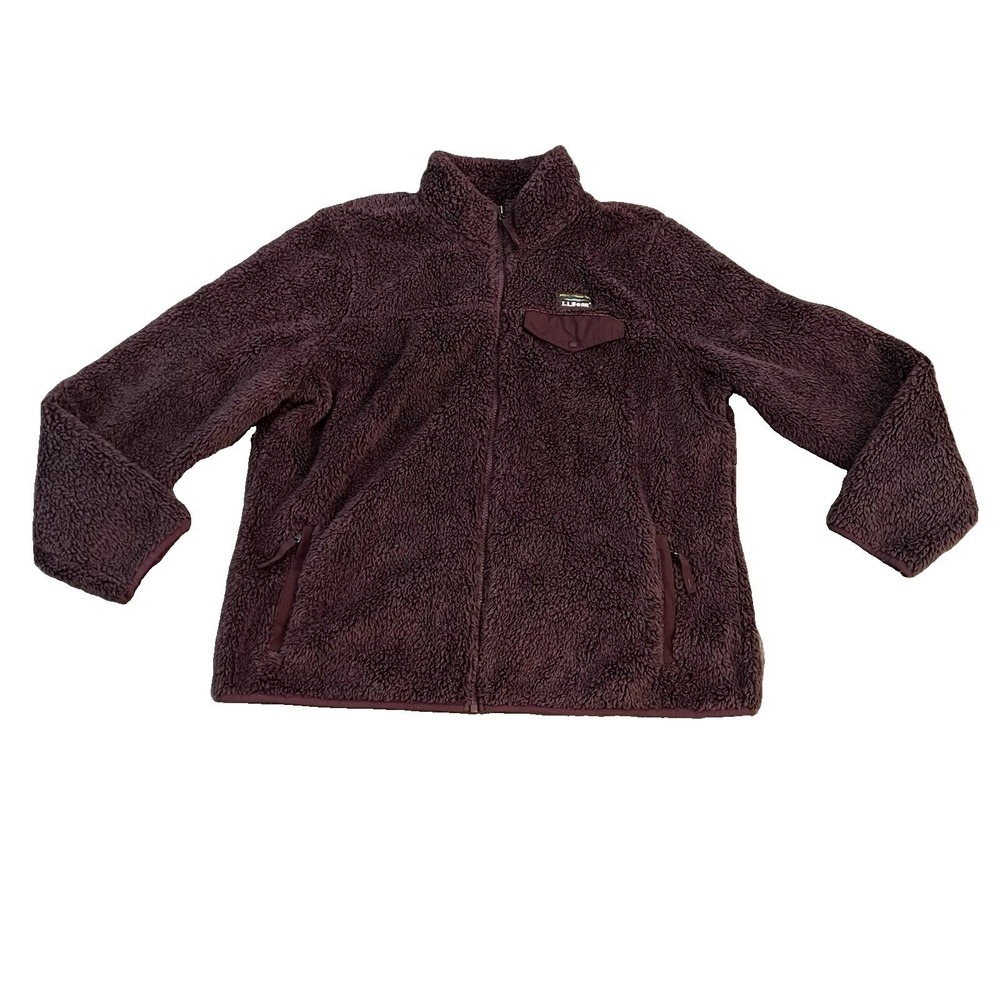 L.L Bean Women's Fleece Jacket XL Petite Burgundy High Pile Teddy Full Zip